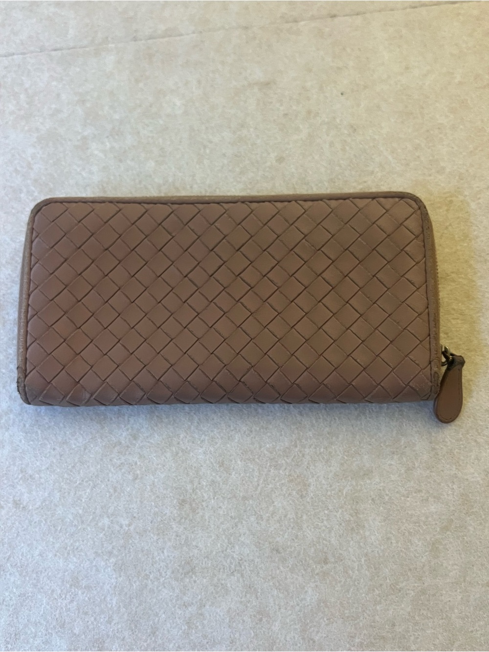 Bottega Veneta Intrecciato Woven Leather Zip Around Wallet Taupe Brown